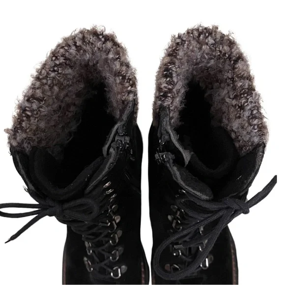 Aquatalia black suede, Lace Up, lug sole booties Moto Combat bouclé lined - Picture 8 of 12